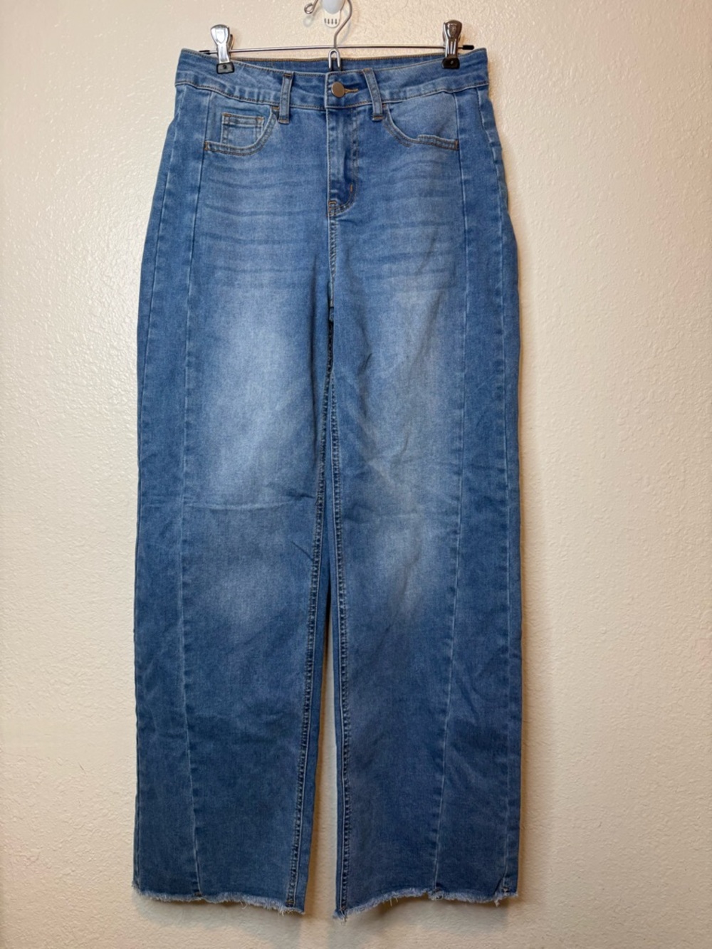 Sidefeel Wide Leg Blue Jeans Denim Raw Hem High Waist Size 6